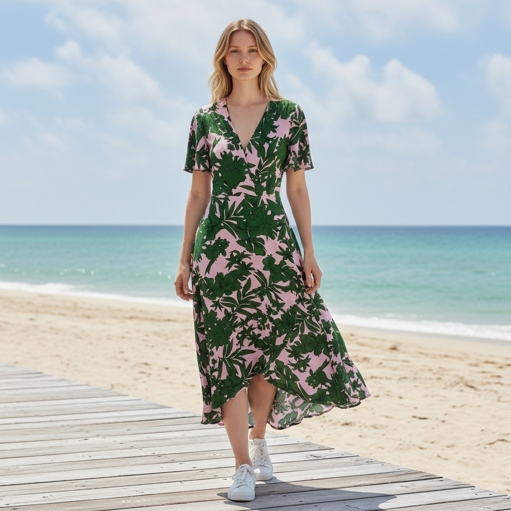 Missguided Pink Midi Dress with Green Tropical Leaf Print
